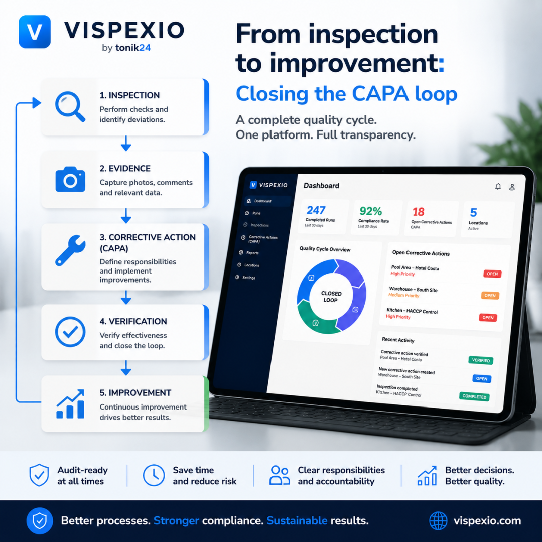 VISPEXIO-CAPA-Kreislauf von Kontrolle und Nachweis über Korrekturmaßnahme und Wirksamkeitsprüfung bis zur Verbesserung.