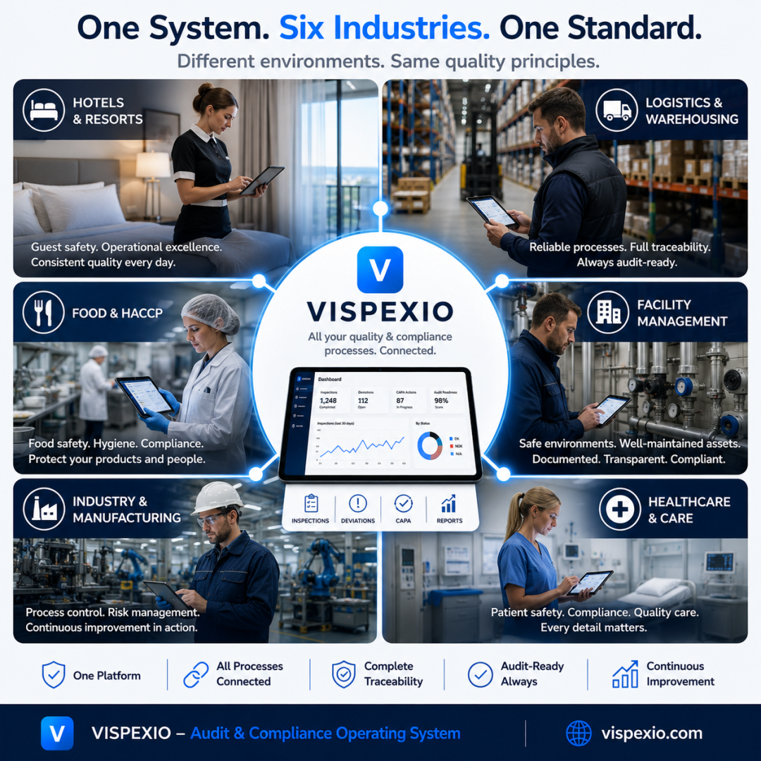 VISPEXIO für sechs Branchen: Hotels, Logistik, Lebensmittel, Facility Management, Industrie und Gesundheitswesen.